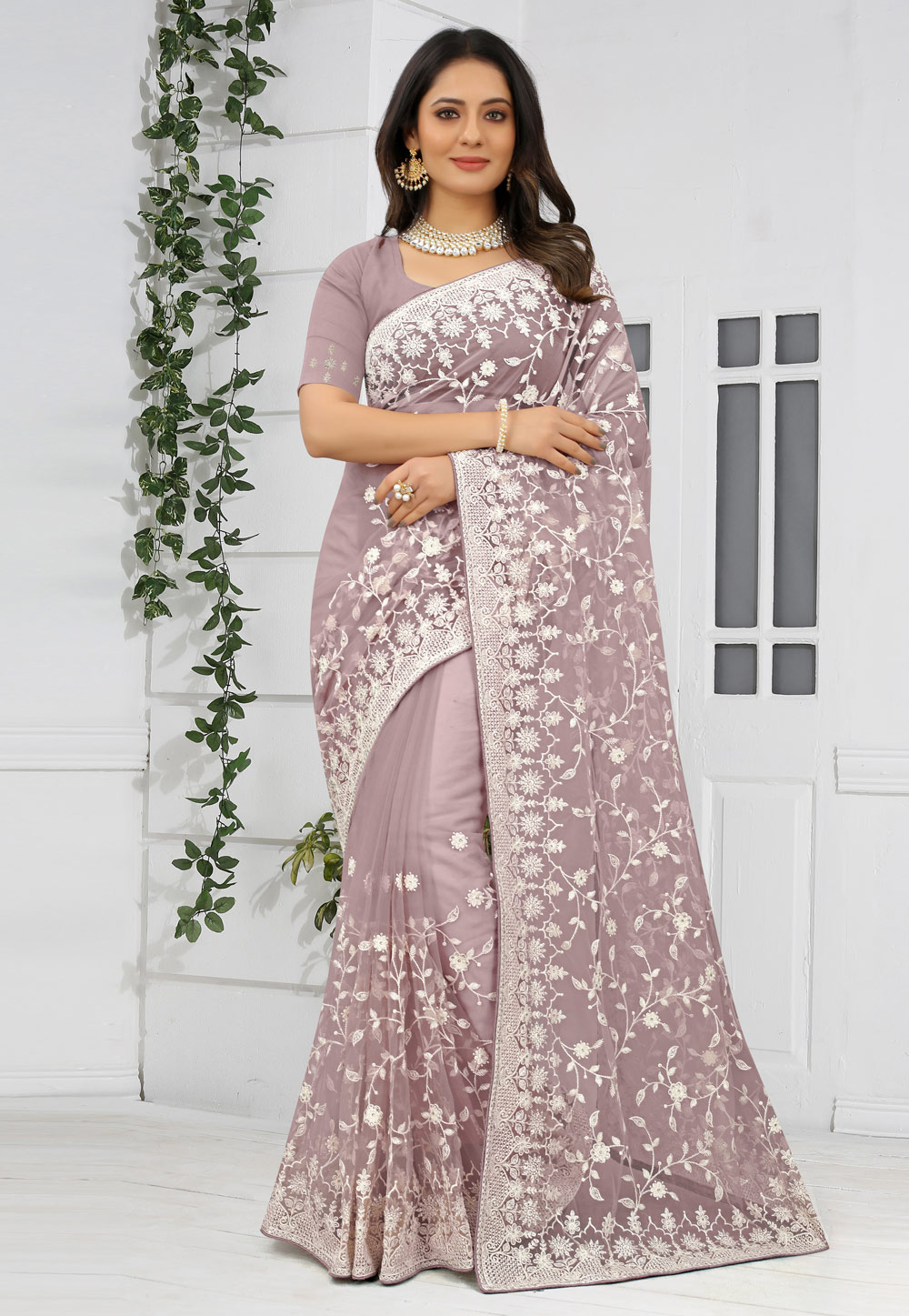 Lavender Net Saree With Blouse 248754