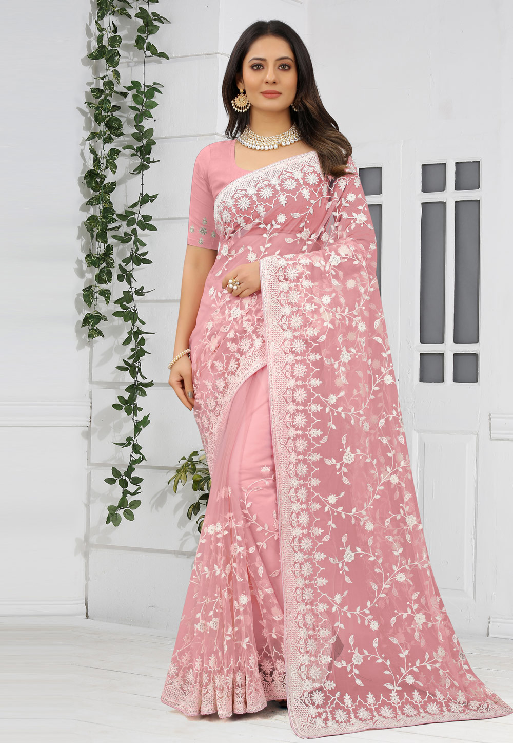 Pink Net Saree With Blouse 248756