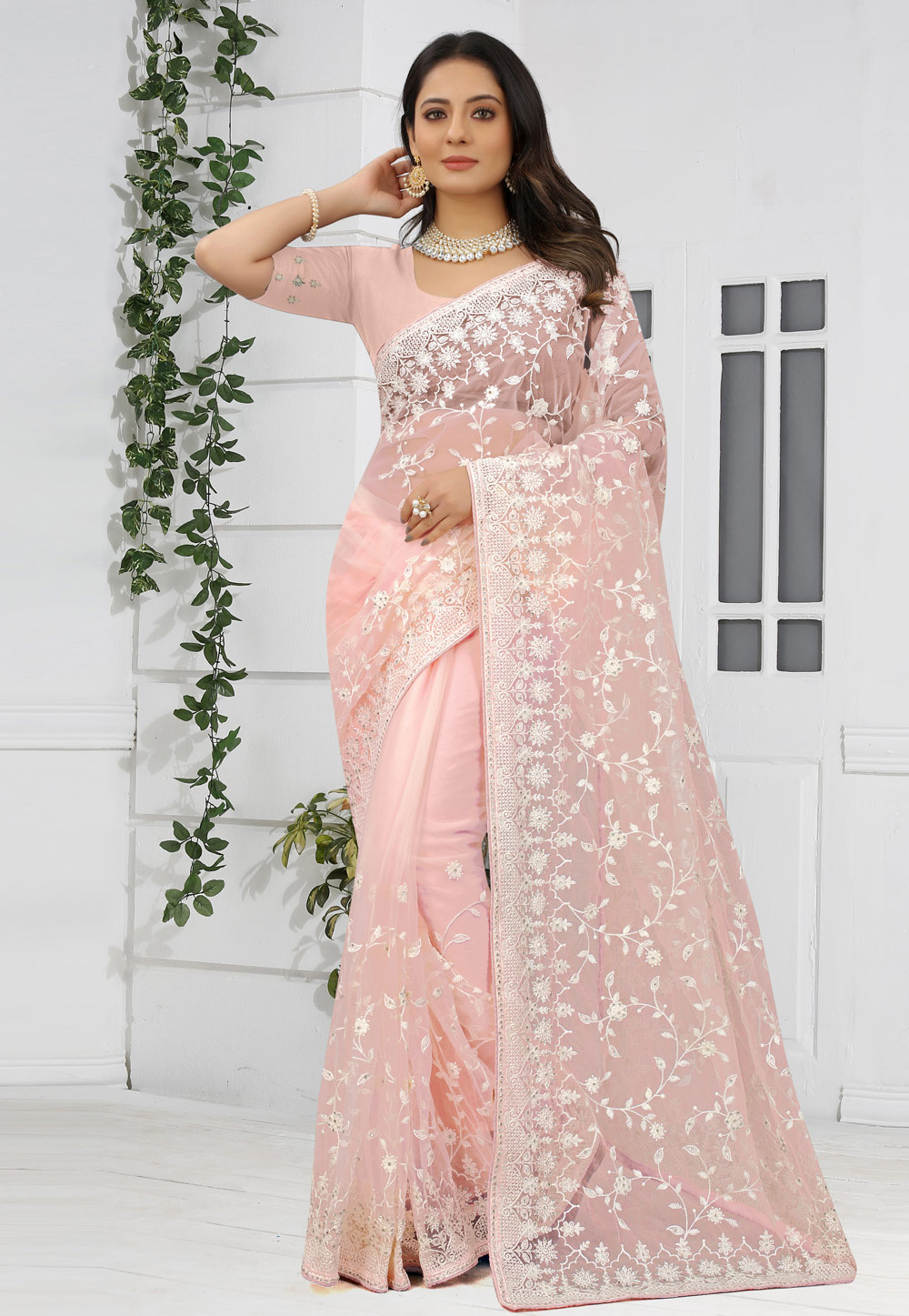 Light Pink Net Saree With Blouse 248757