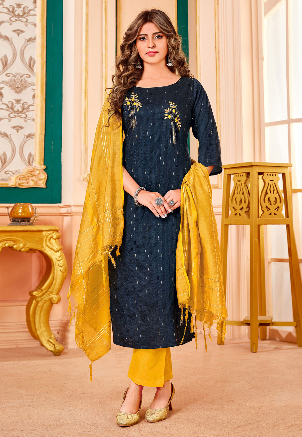 Navy Blue Cotton Readymade Pant Style Suit 238263