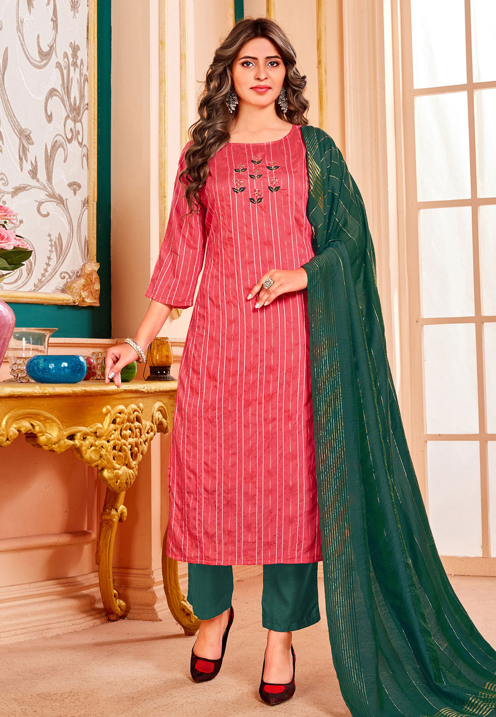 Pink Cotton Readymade Pant Style Suit 238265
