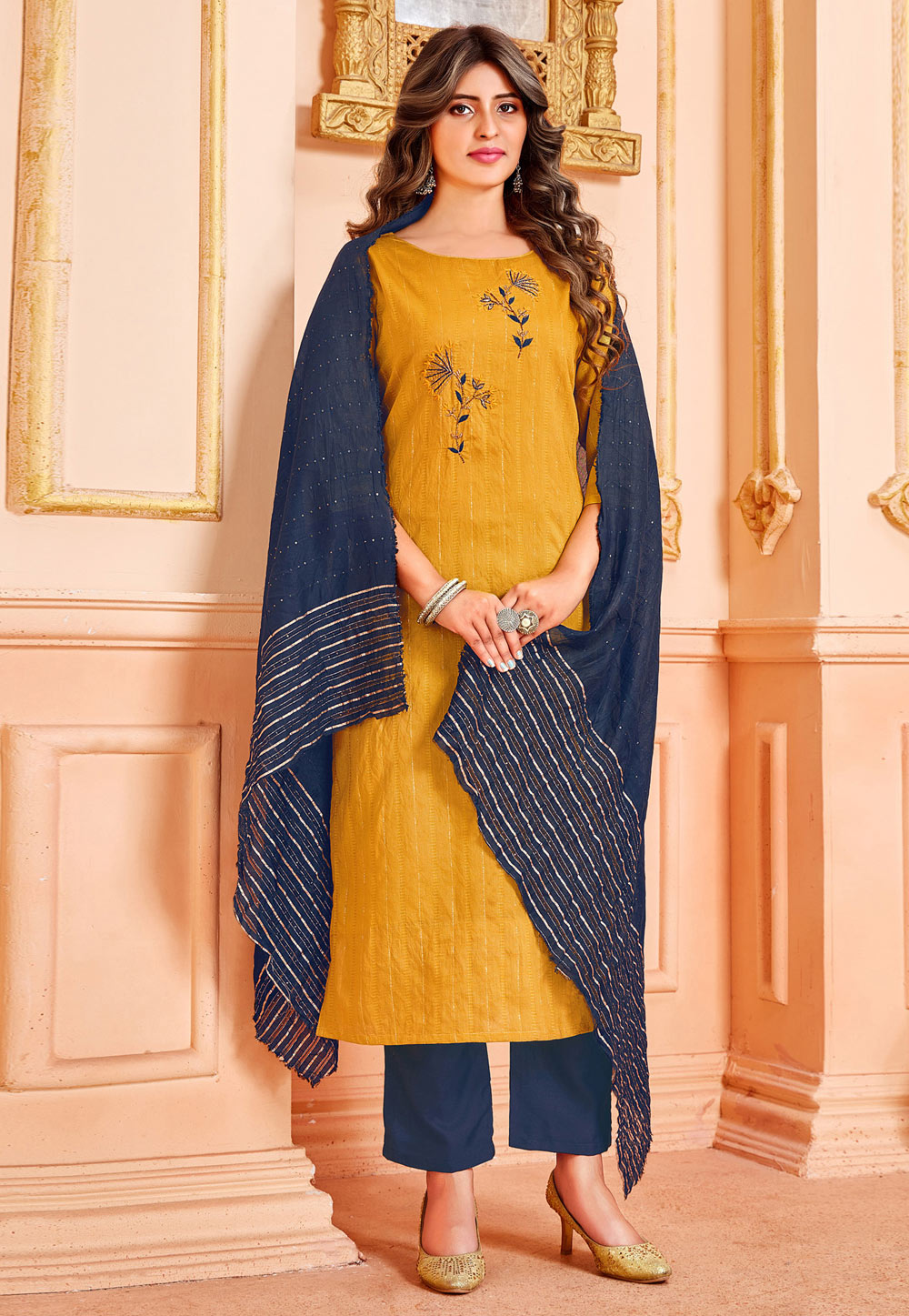 Mustard Cotton Readymade Pant Style Suit 238267