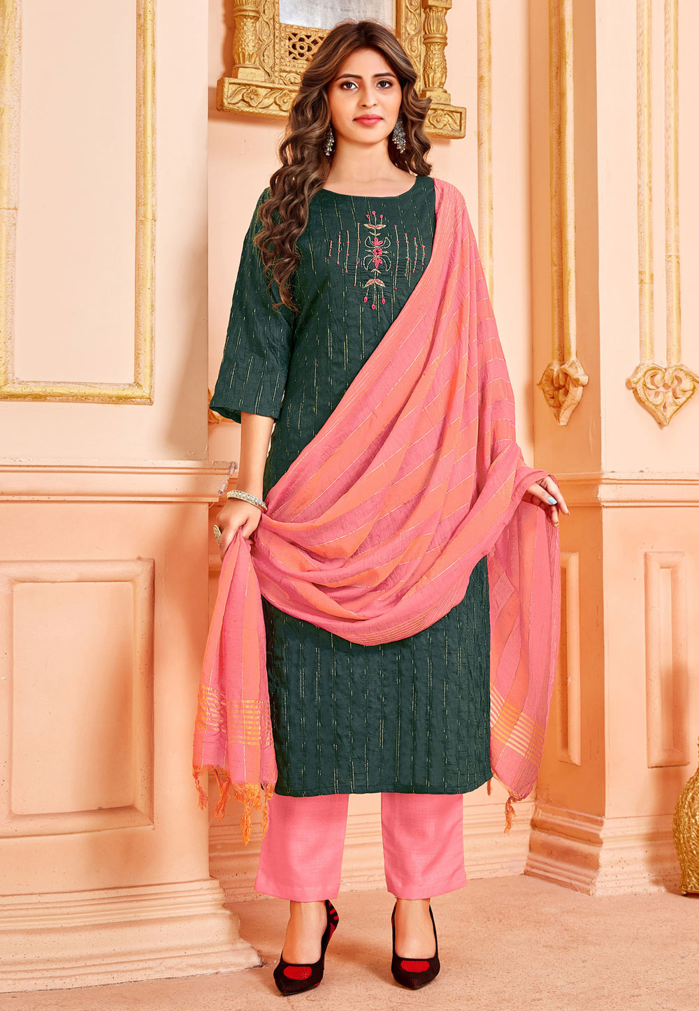 Green Cotton Readymade Pant Style Suit 238269
