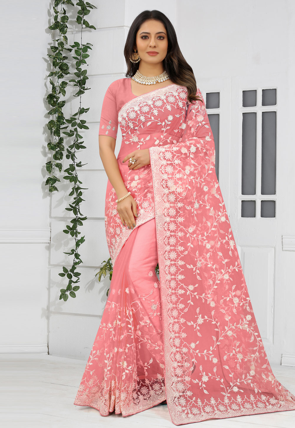 Pink Net Saree With Blouse 248758