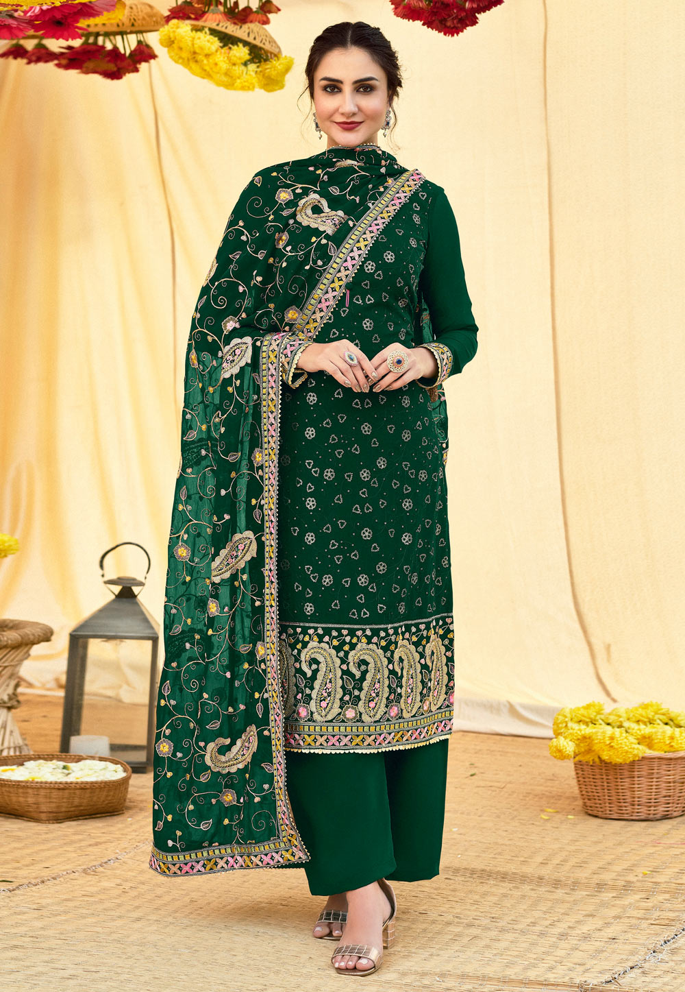 Green Georgette Kameez With Palazzo 240045