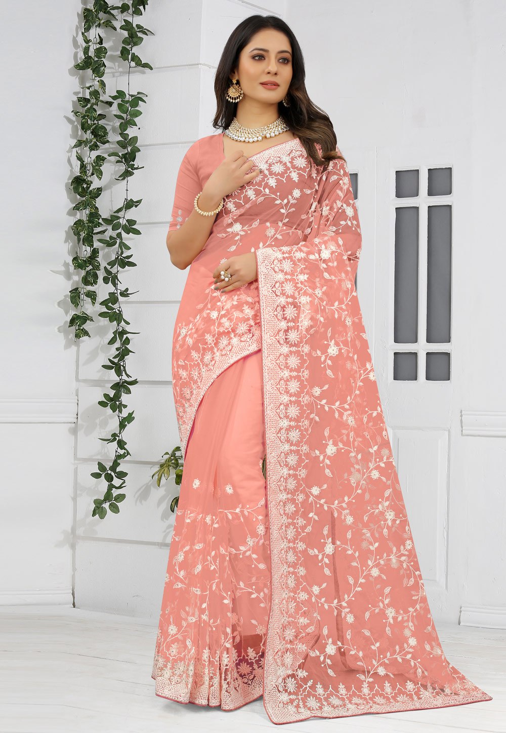 Pink Net Saree With Blouse 248760