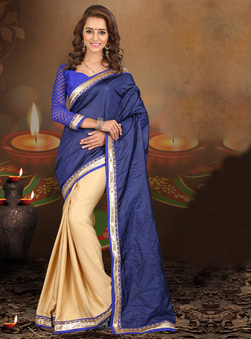 Navy Blue Satin Georgette Half and Half Saree With Blouse 68770