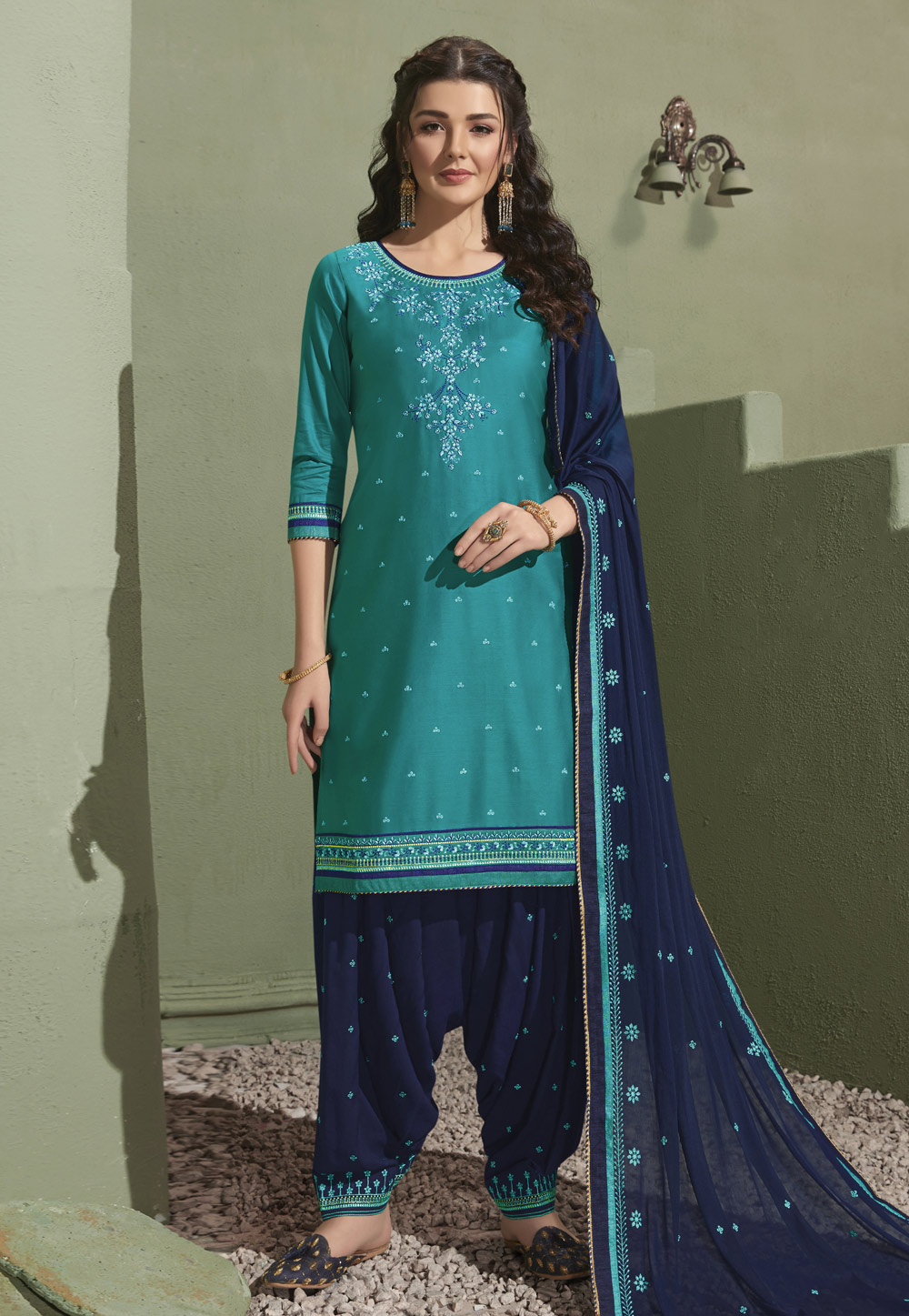 Turquoise Satin Patiala Suit 203047