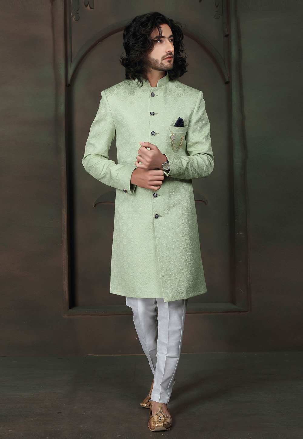 Pista Green Jacquard Indo Western Suit 238703
