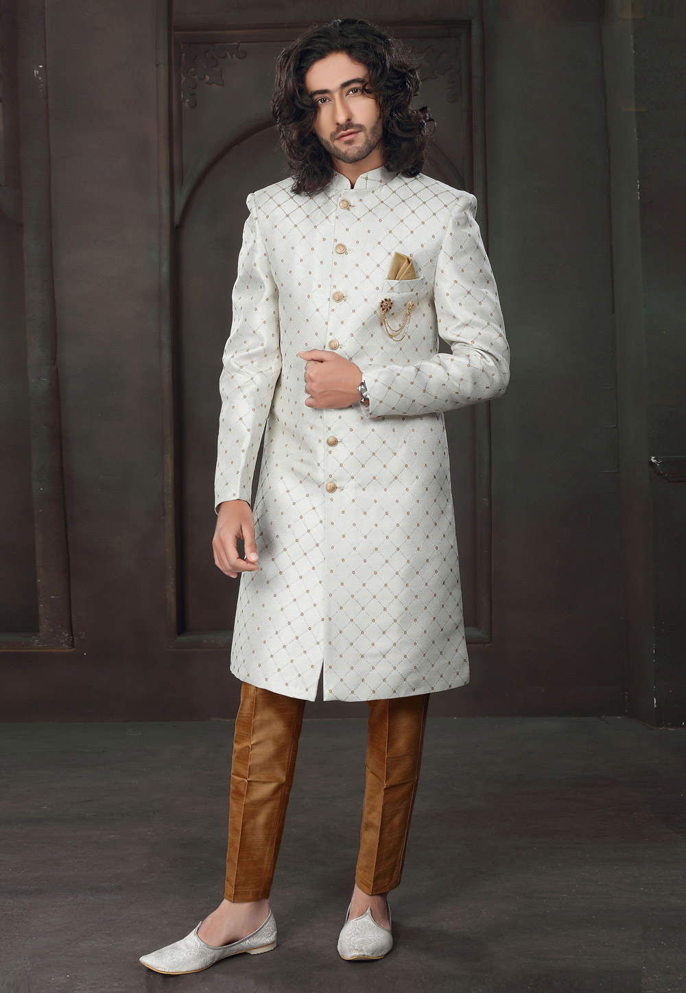 Off White Jacquard Indo Western Suit 238706