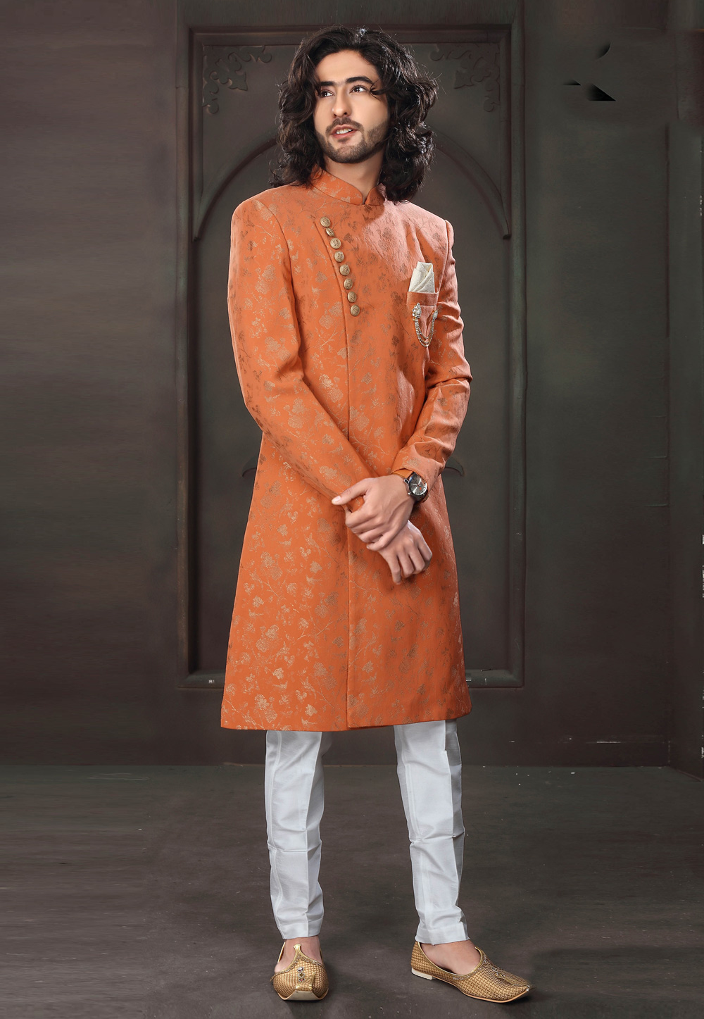 Orange Jacquard Indo Western Suit 238667