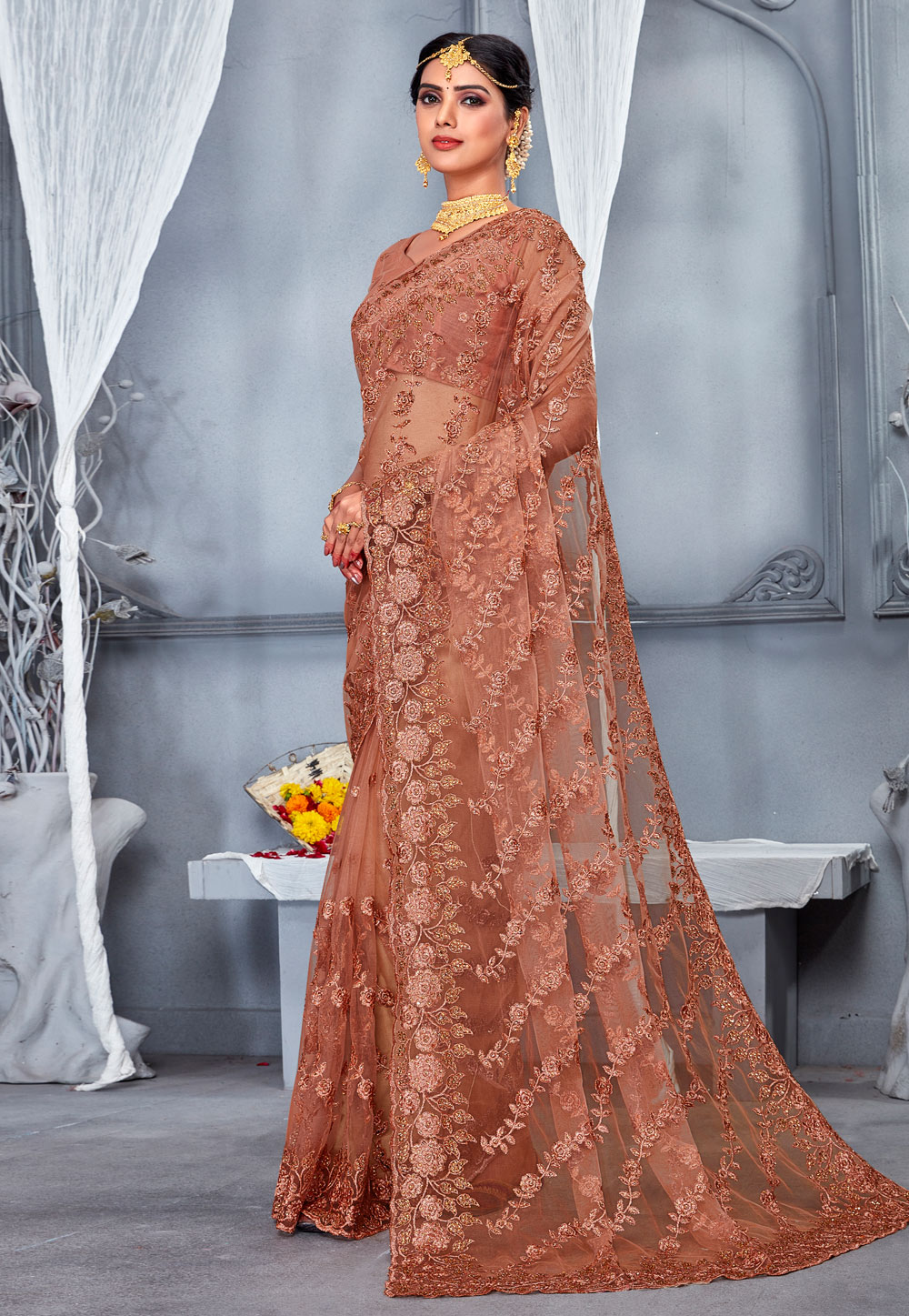 Brown Net Saree With Blouse 249051