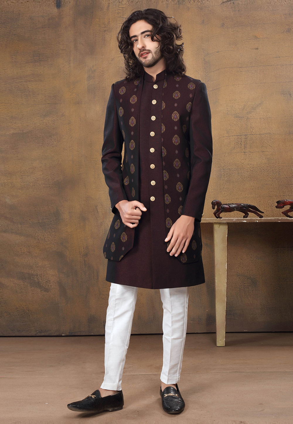 Brown Jacquard Indo Western Suit 238679