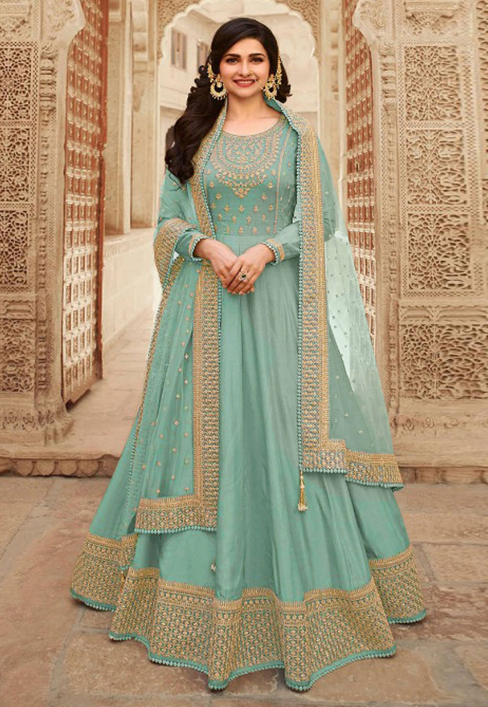 Prachi Desai Sea Green Silk Long Anarkali Suit 257803