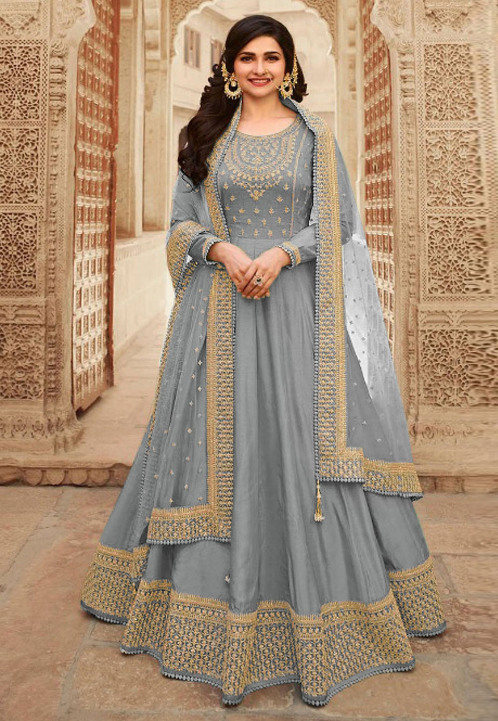 Prachi Desai Grey Silk Long Anarkali Suit 257805