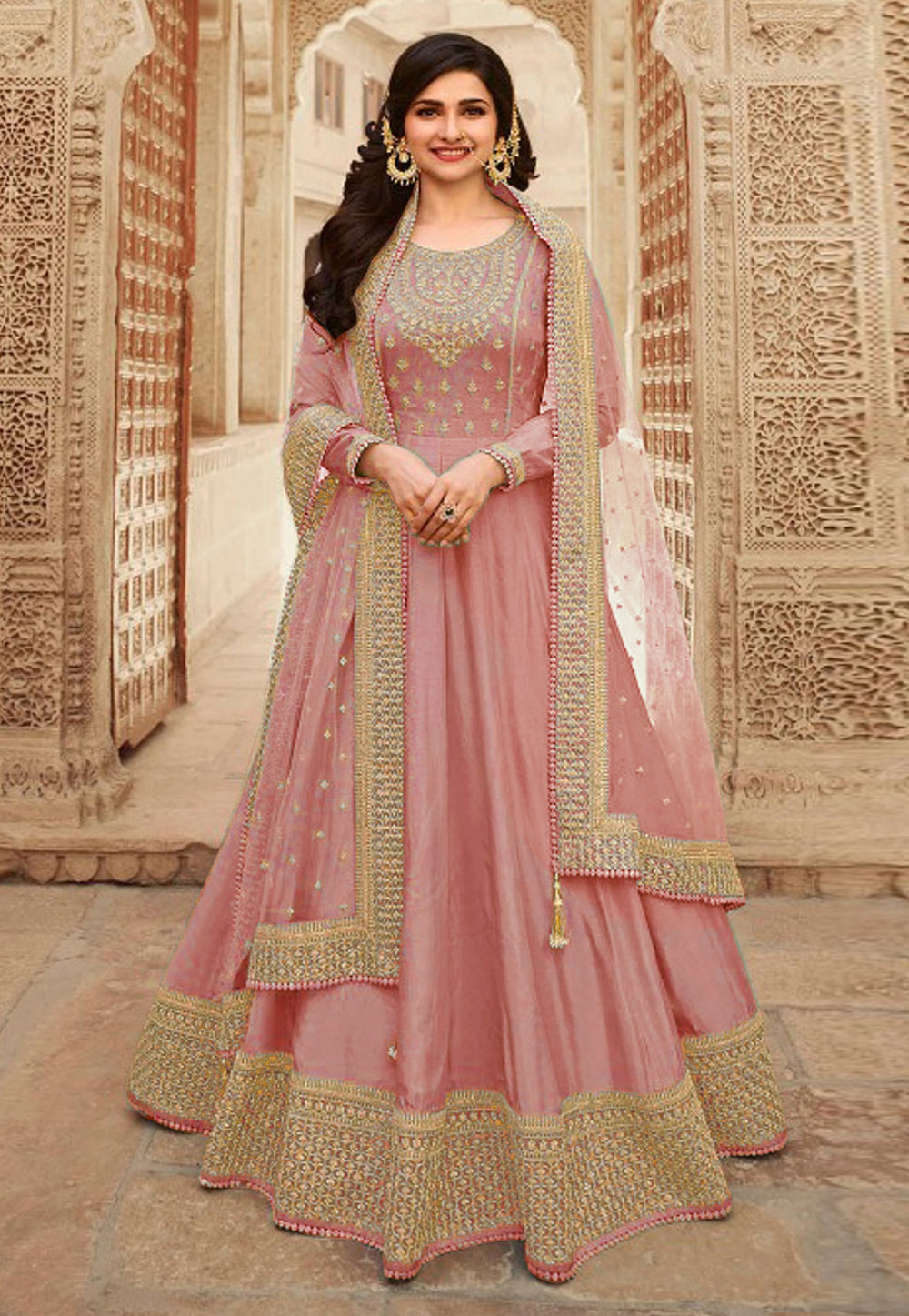Prachi Desai Pink Silk Abaya Style Anarkali Suit 257806