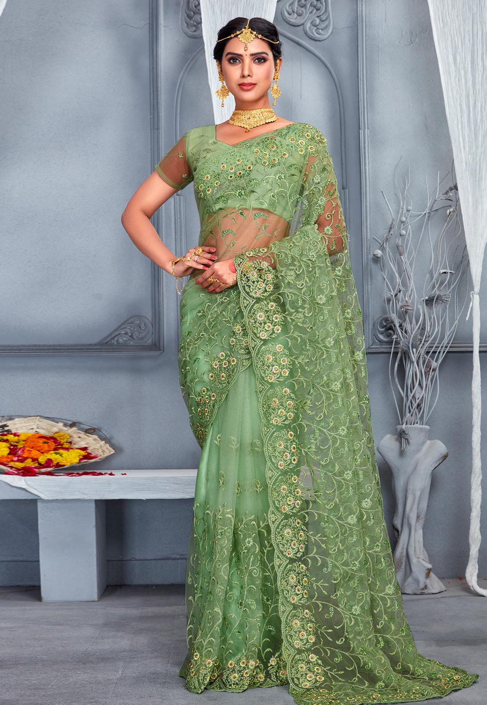 Sea Green Net Saree With Blouse 249053