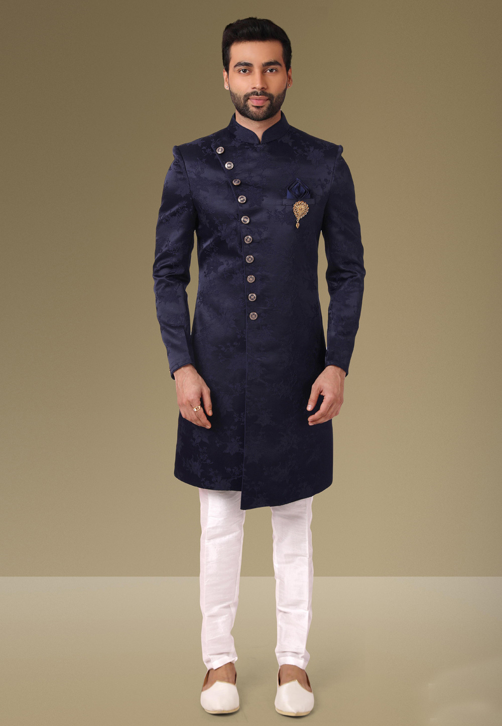 Navy Blue Jacquard Indo Western Sherwani 238658