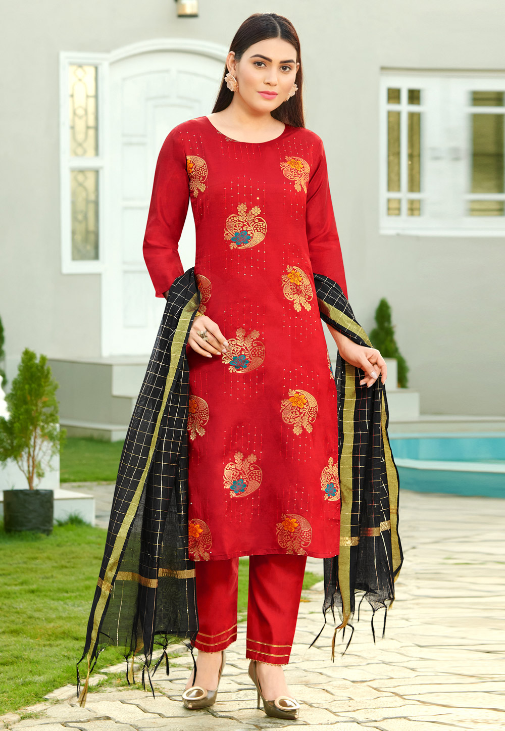 Red Silk Readymade Pant Style Suit 238805