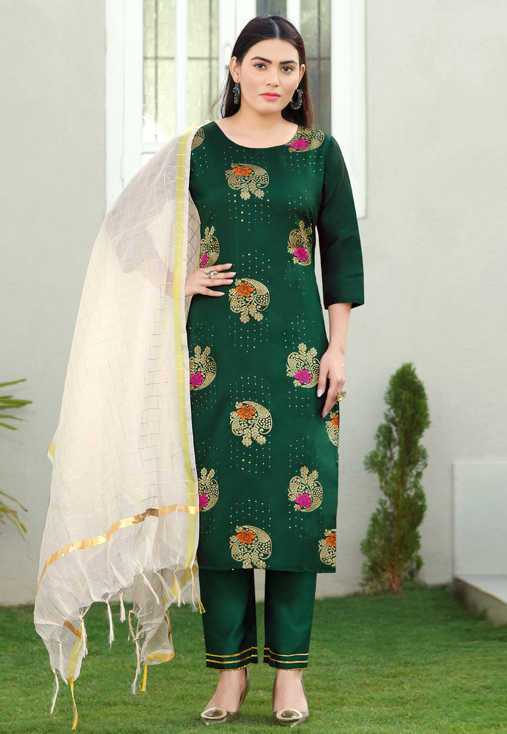 Green Silk Readymade Pant Style Suit 238807