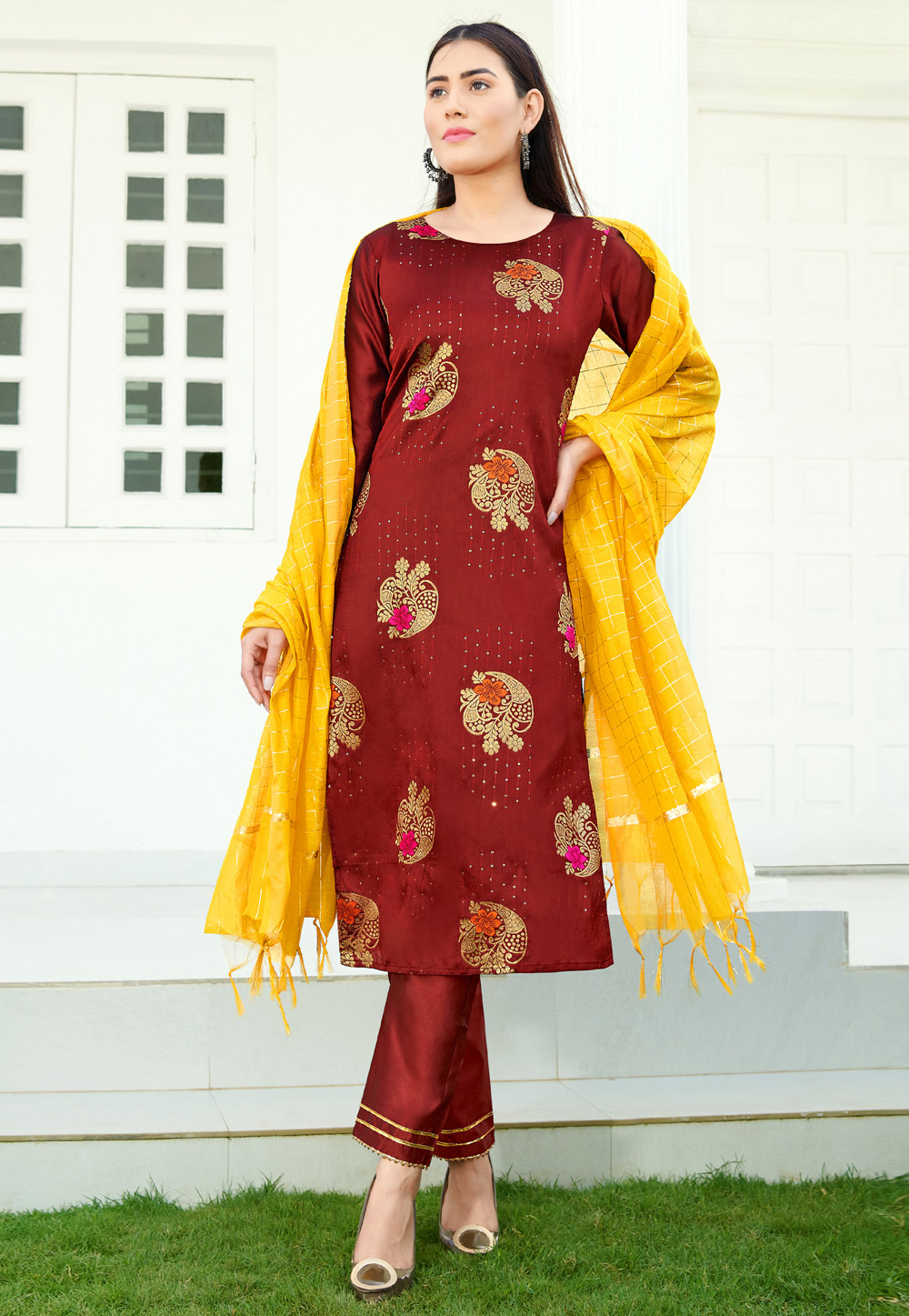 Maroon Silk Readymade Kameez With Pant 238810
