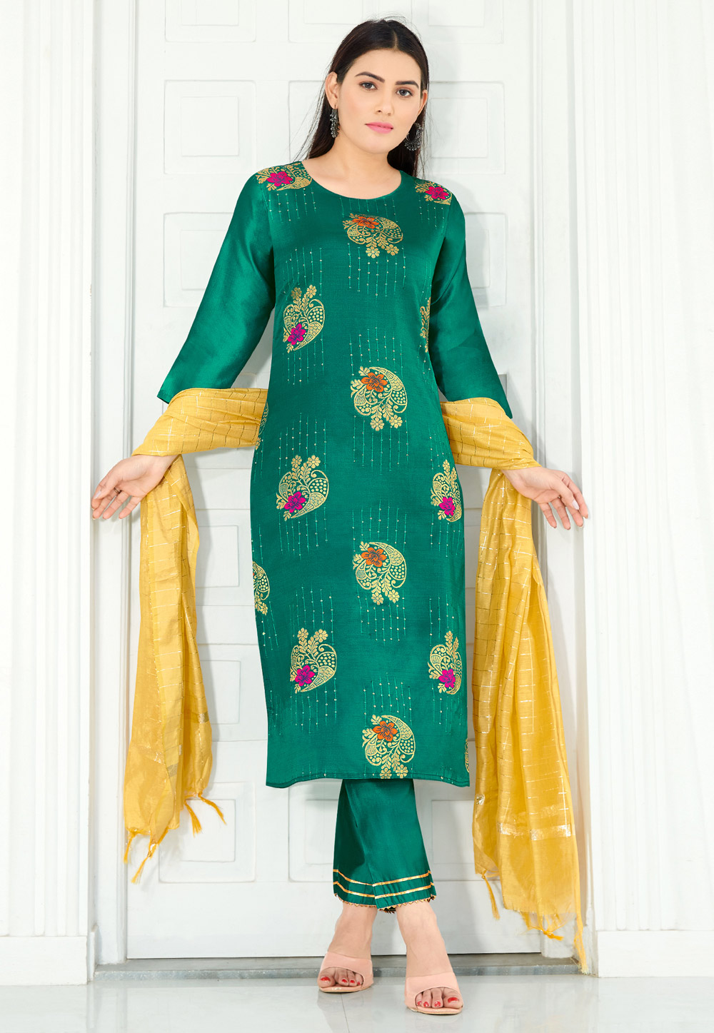 Sea Green Silk Readymade Pant Style Suit 238811