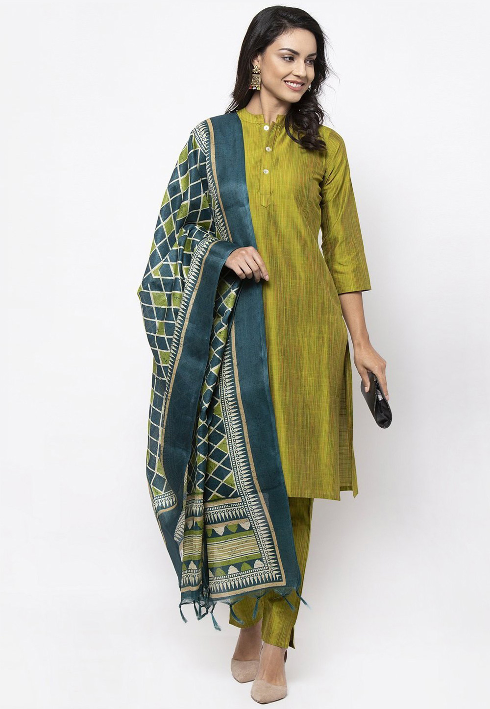 Green Cotton Silk Readymade Kameez With Pant 214676