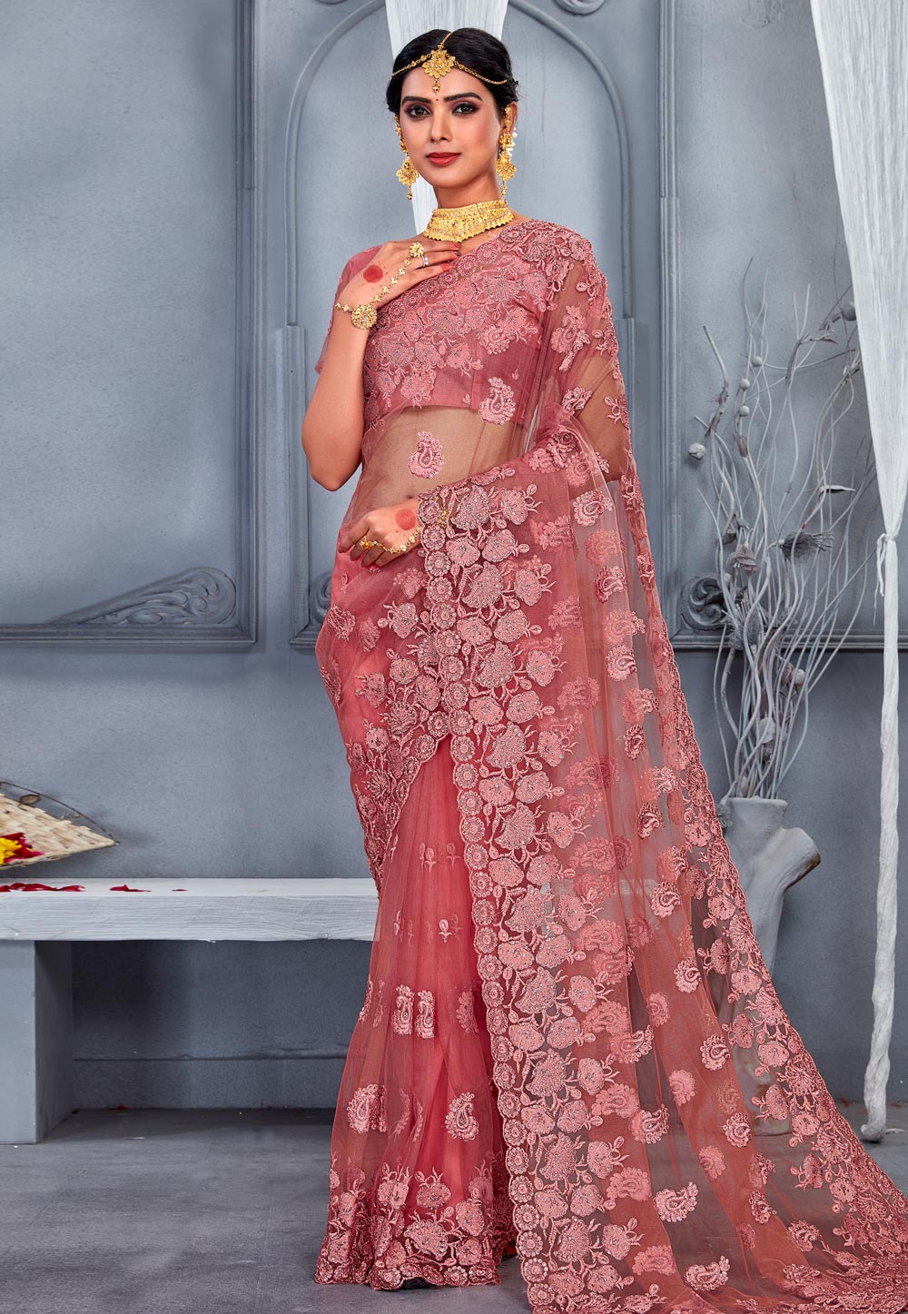 Pink Net Saree With Blouse 249054