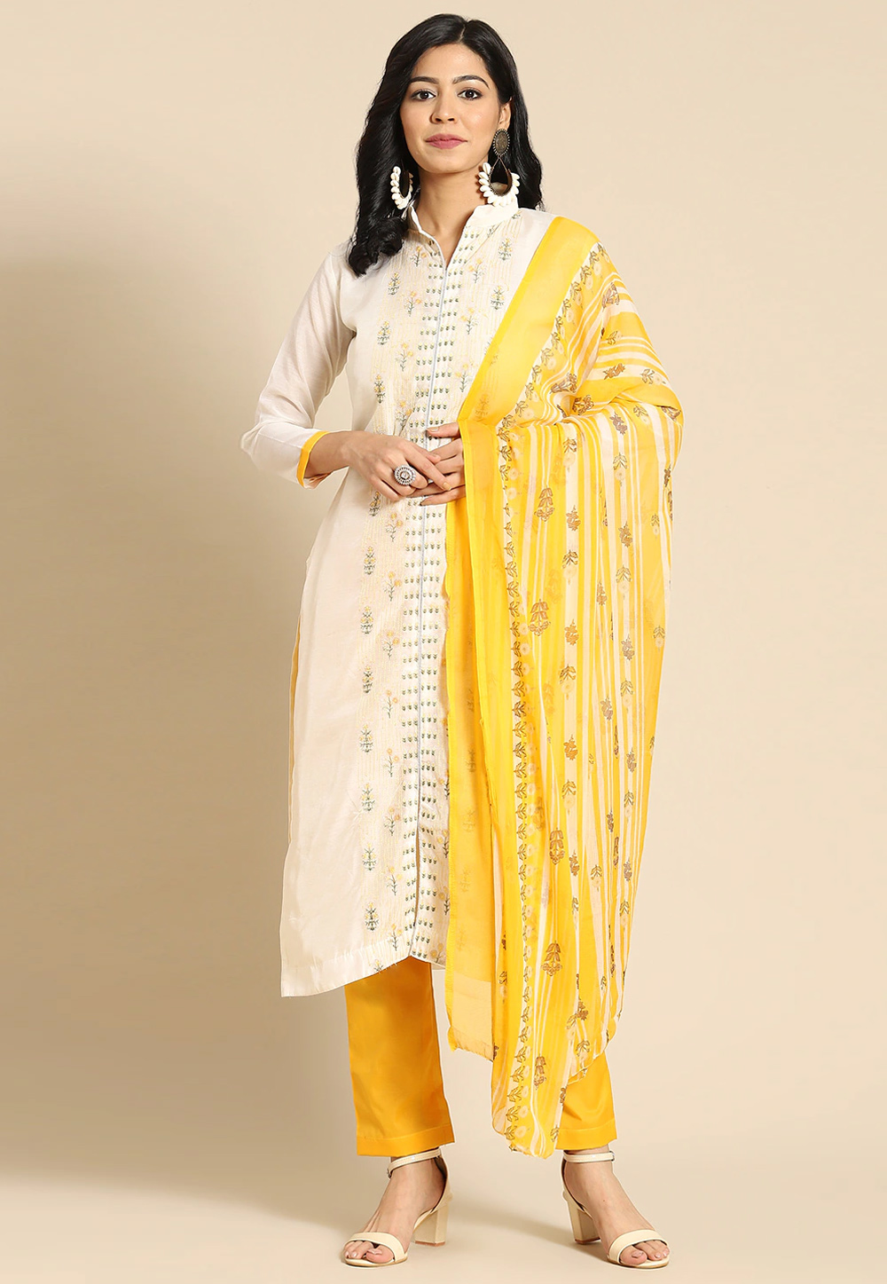 Off White Chanderi Cotton Kameez With Pant 238820