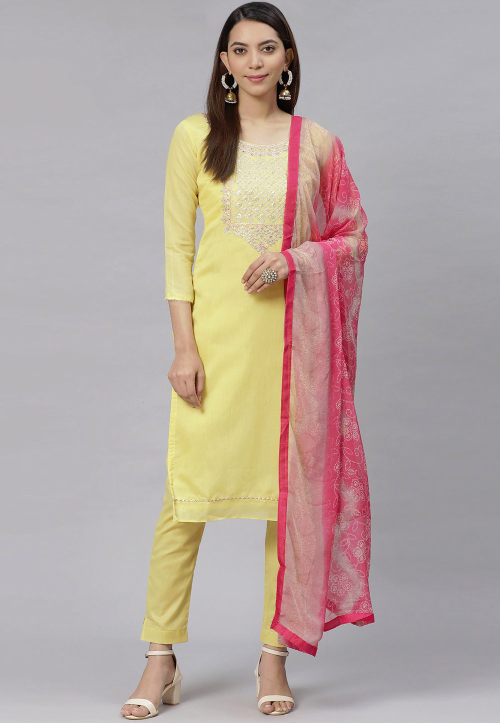 Yellow Chanderi Cotton Pant Style Suit 238831