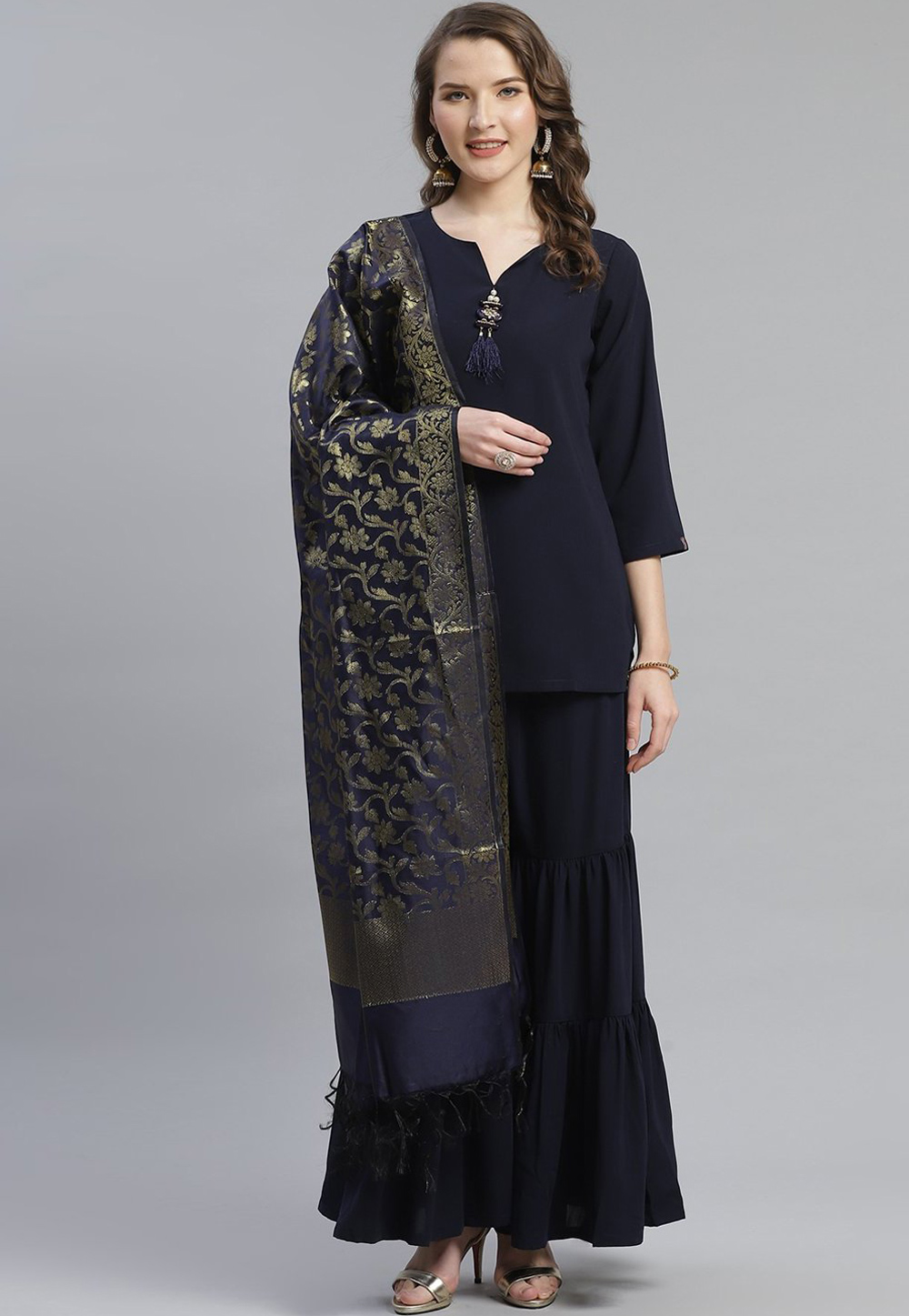 Navy Blue Polyester Readymade Sharara Suit 214679