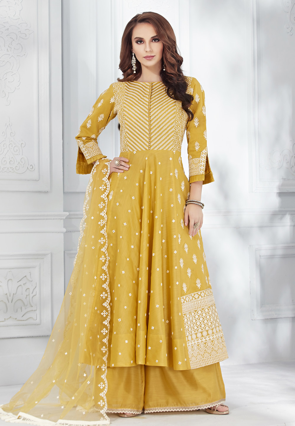 Yellow Chanderi Silk Readymade Palazzo Suit 203443