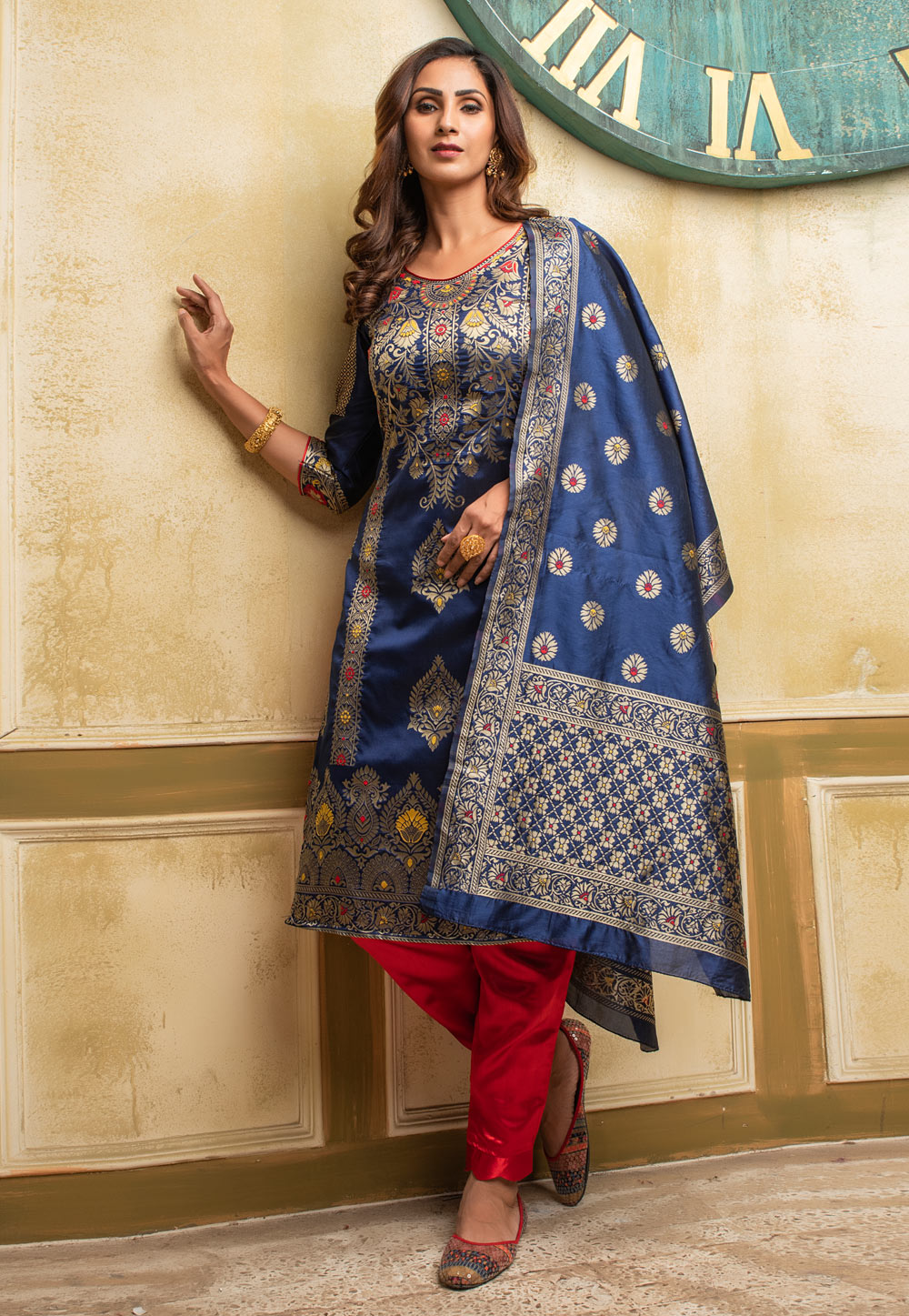 Navy Blue Banarasi Silk Pant Style Suit 236967