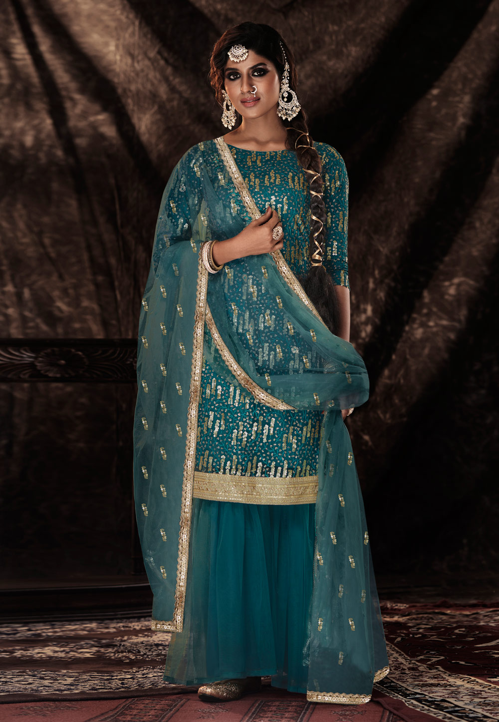Turquoise Soft Net Sequence Sharara Suit 243621
