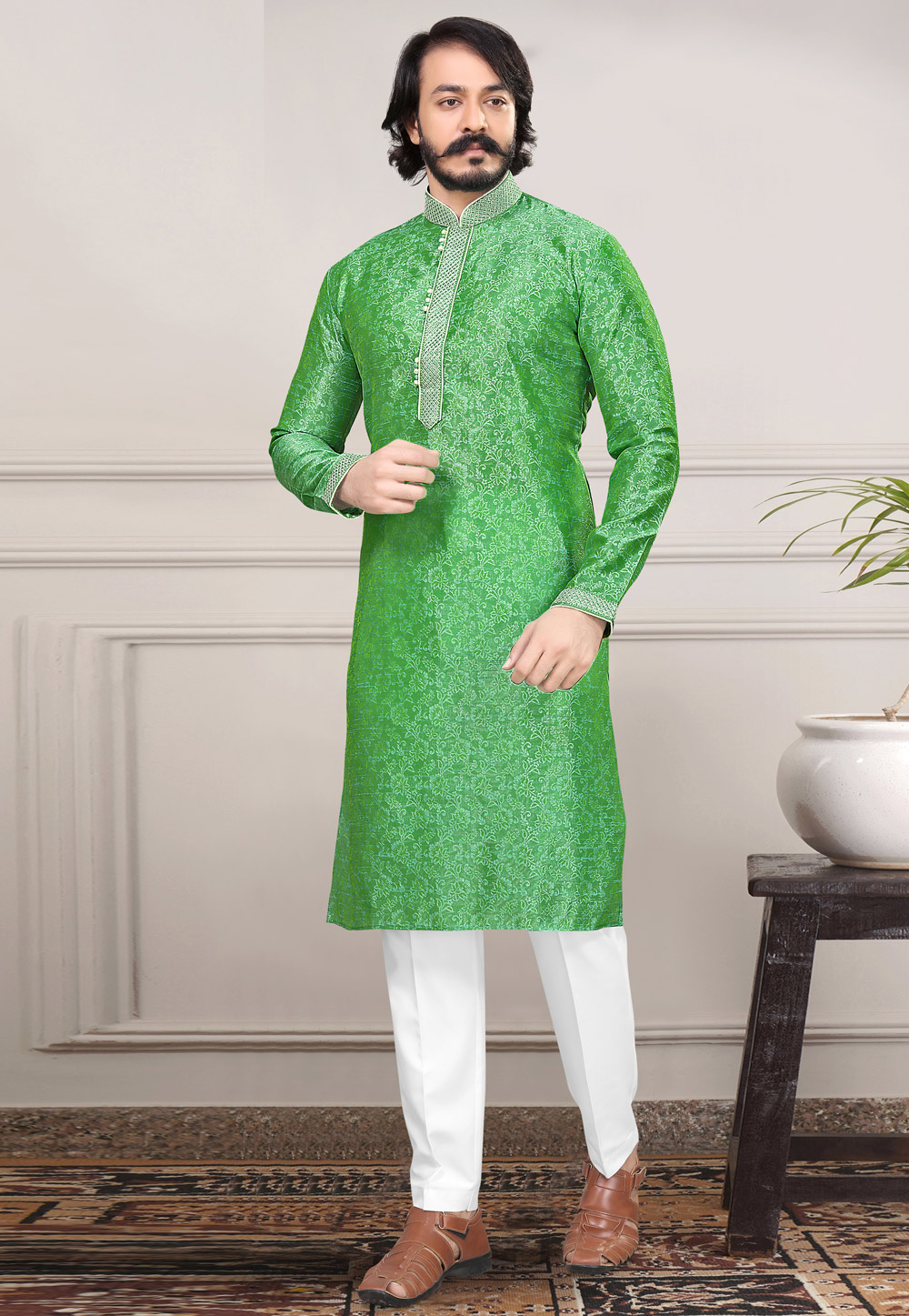 Green Silk Jacquard Kurta Pajama 216657