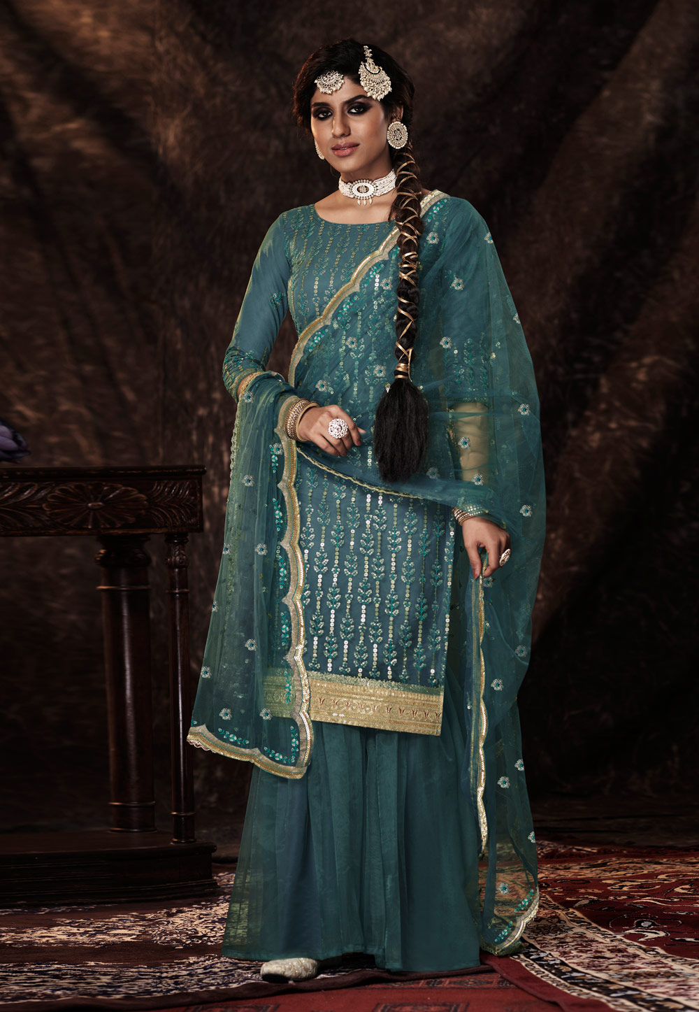 Teal Soft Net Sequence Sharara Suit 243625