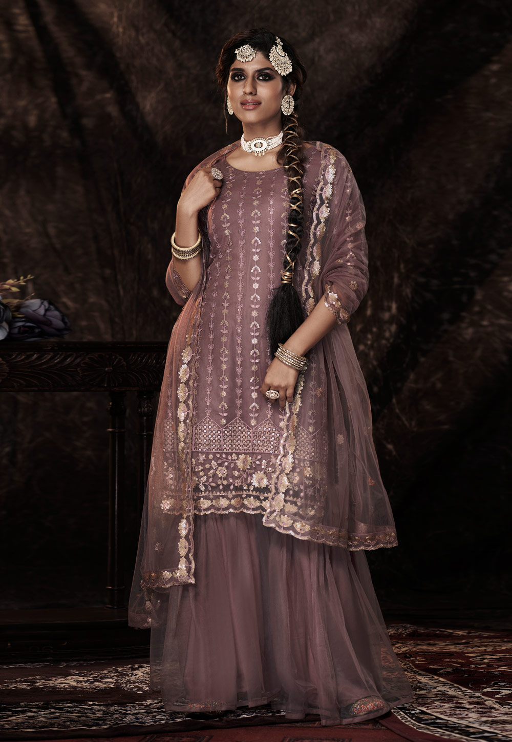 Pink Soft Net Sequence Sharara Suit 243626