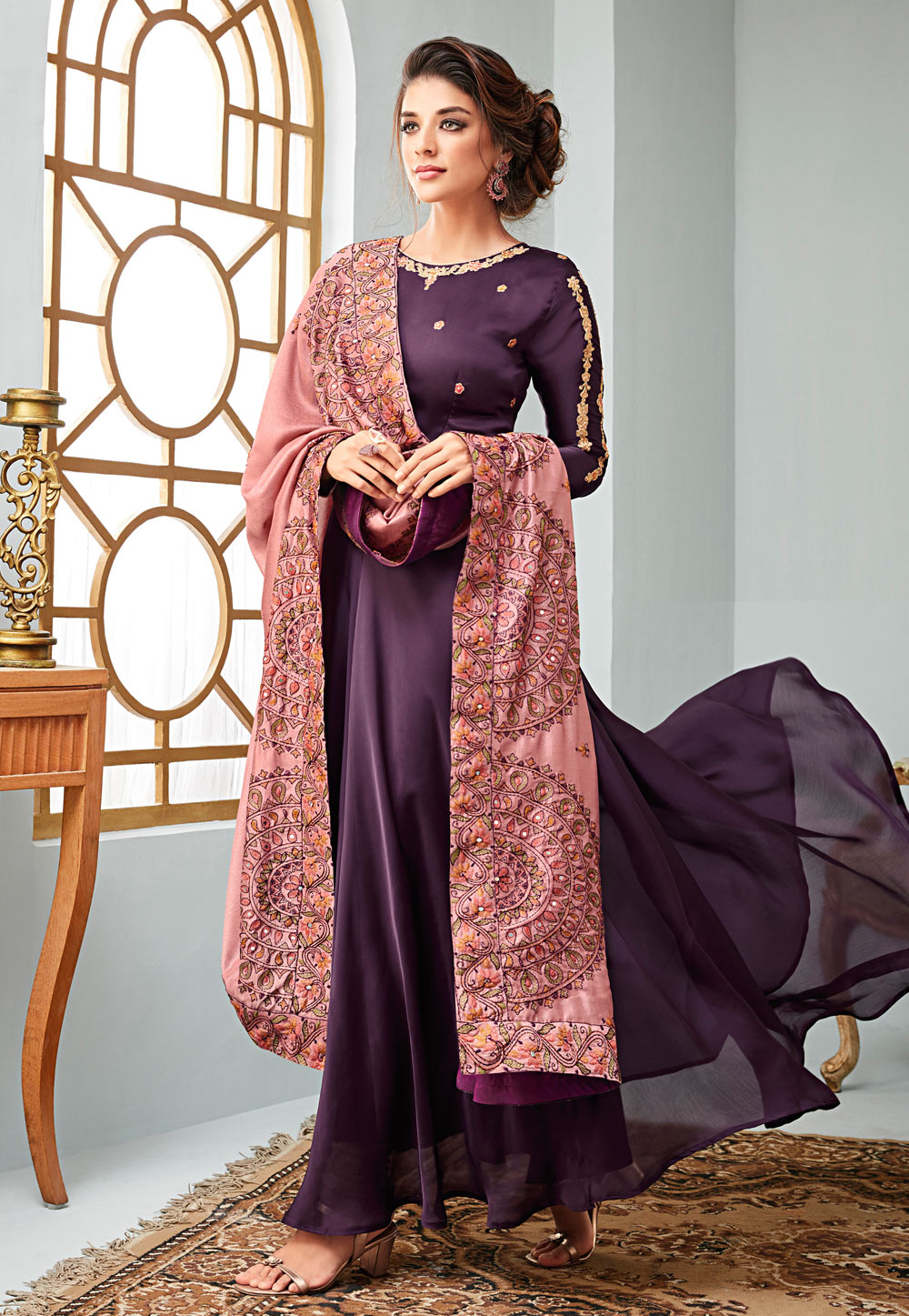Purple Satin Long Anarkali Suit 153994