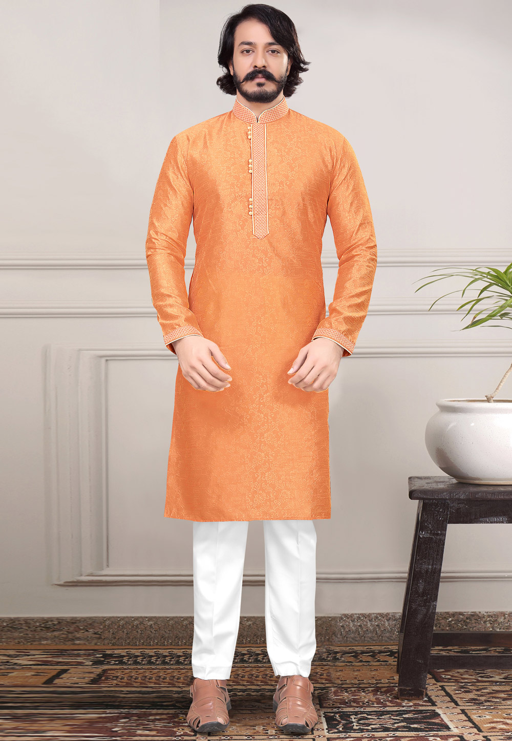 Orange Silk Jacquard Kurta Pajama 216659