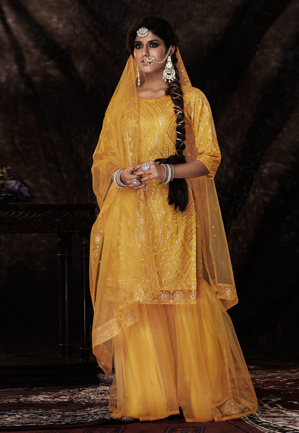 Yellow Soft Net Sequence Sharara Suit 243627