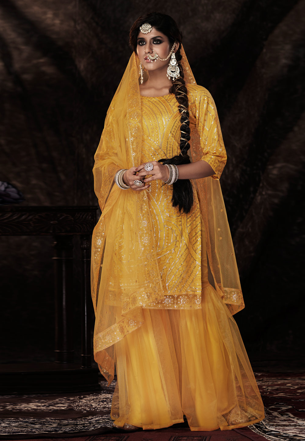 Buy Yellow Sequins Georgette Readymade Sharara Suit - Koskii