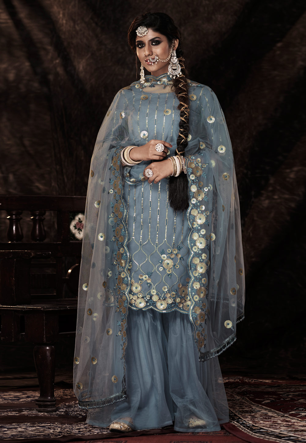 Grey Soft Net Sequence Sharara Suit 243628