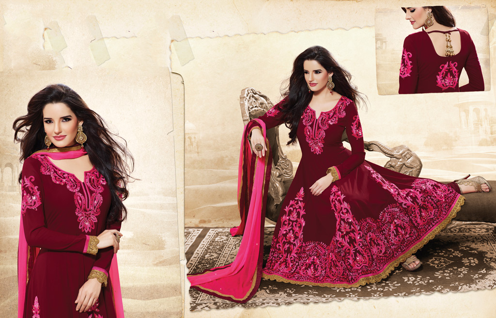 Wine Faux Georgette Embroidered Anarkali Suit 32056