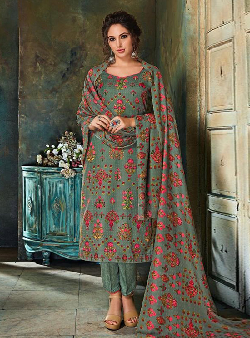 Olive Green Pashmin Pant Style Suit 147792