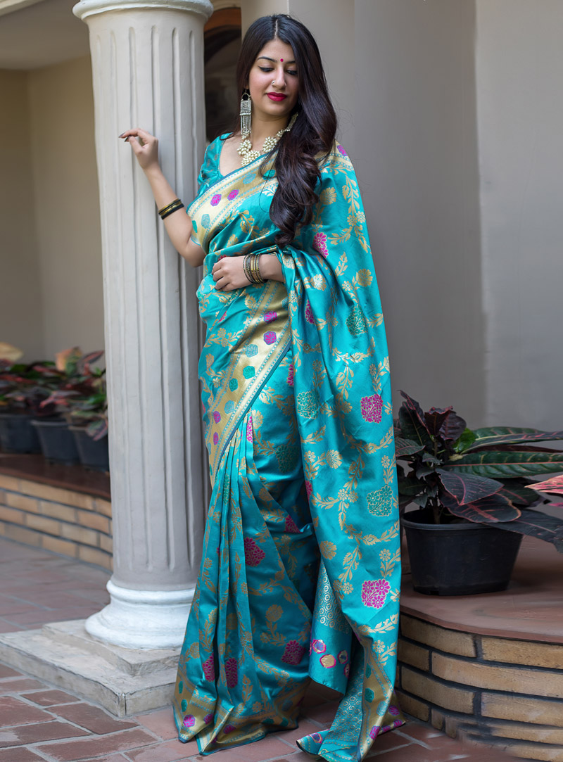 Aqua Banarasi Silk Festival Wear Saree 148612