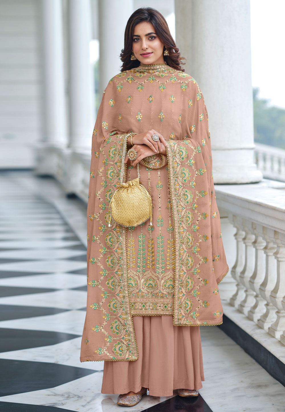 Peach Chinon Embroidered Palazzo Suit 249107