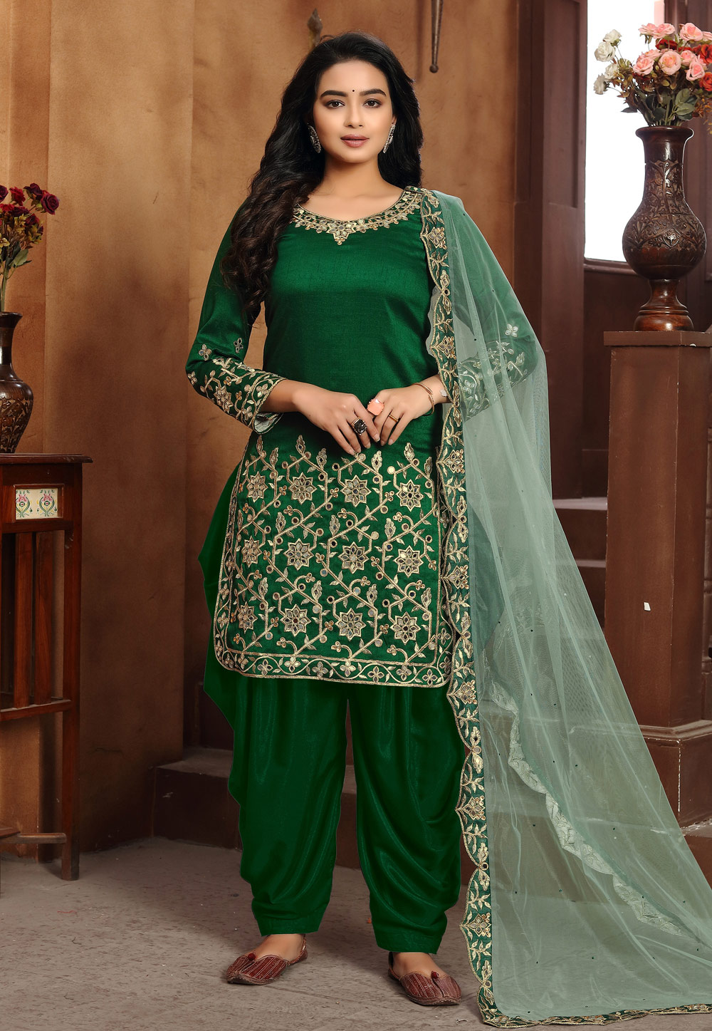 Green Art Silk Patiala Suit 216143