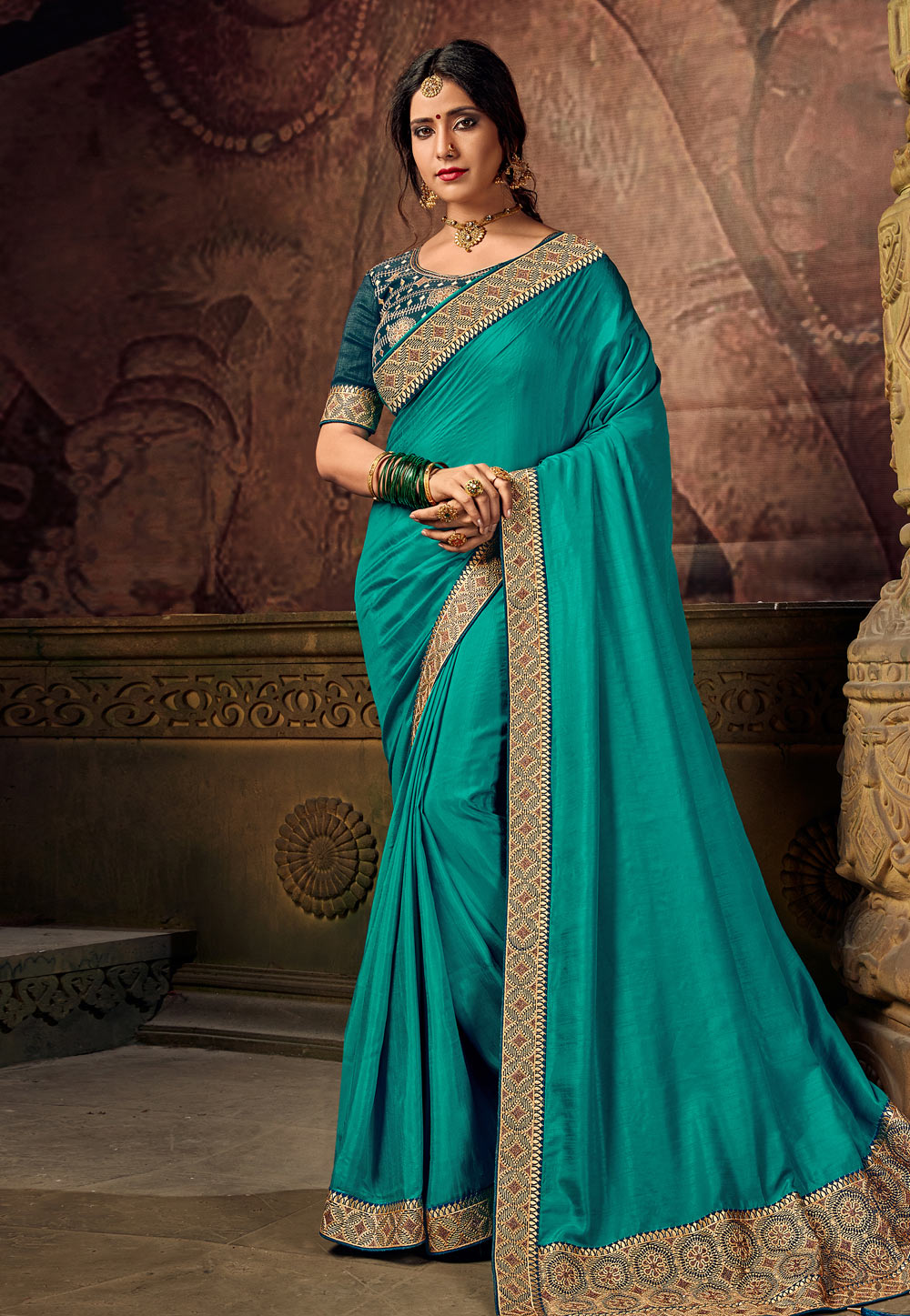 Turquoise Silk Party Wear Saree 219597