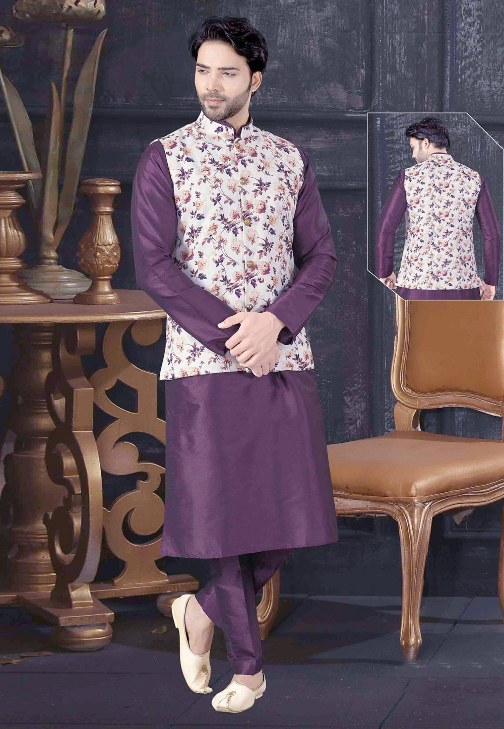 Purple Silk Readymade Kurta Pajama With Jacket 199171