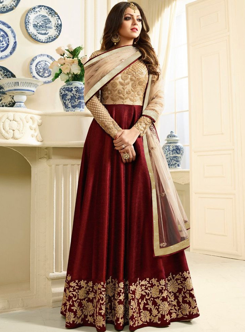 Drashti Dhami Maroon Silk Floor Length Anarkali Suit 96354
